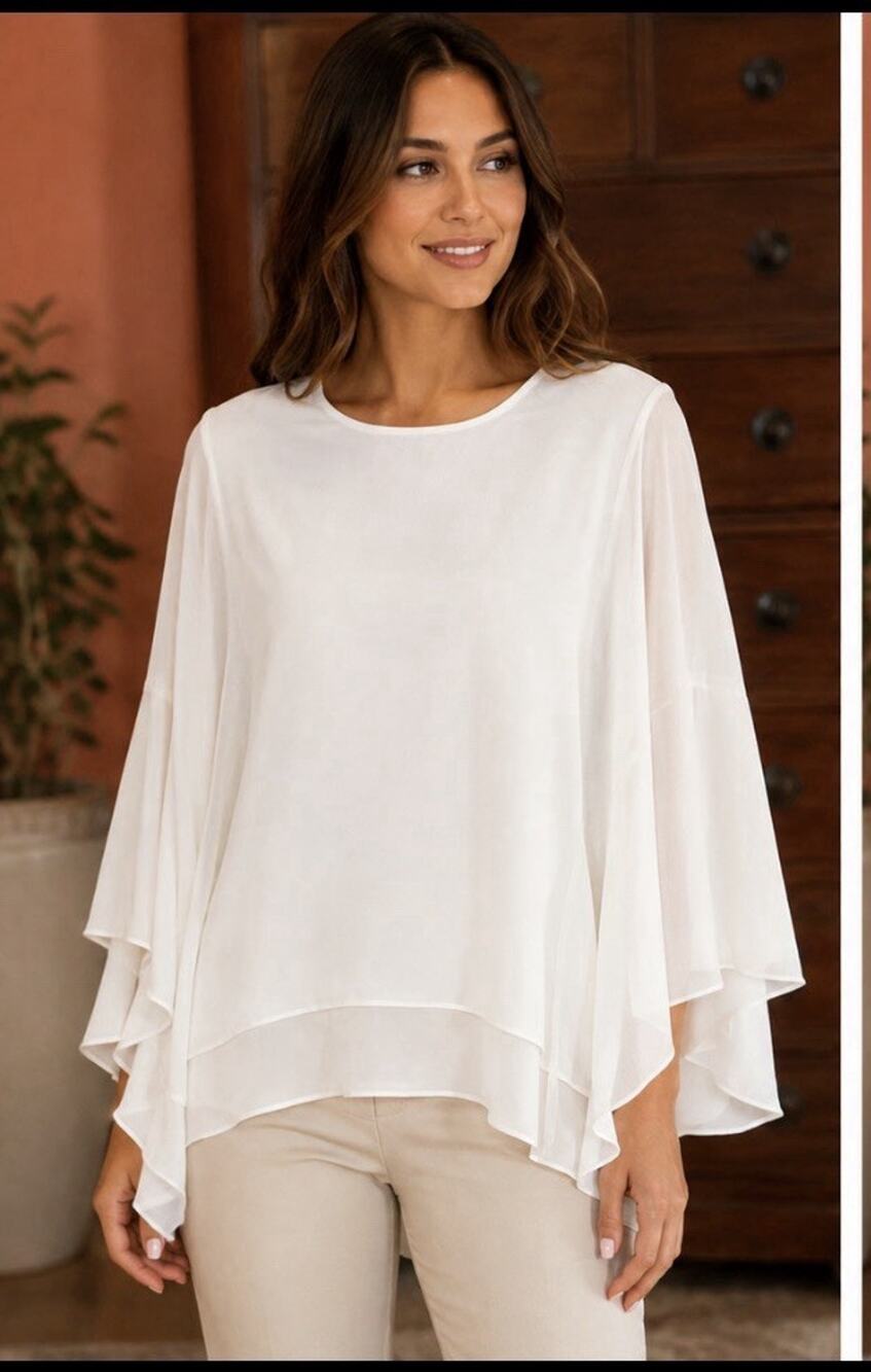 Renuar Cream Chiffon Layered Blouse NWT Sz M Boho Chic Fairycore Flowy